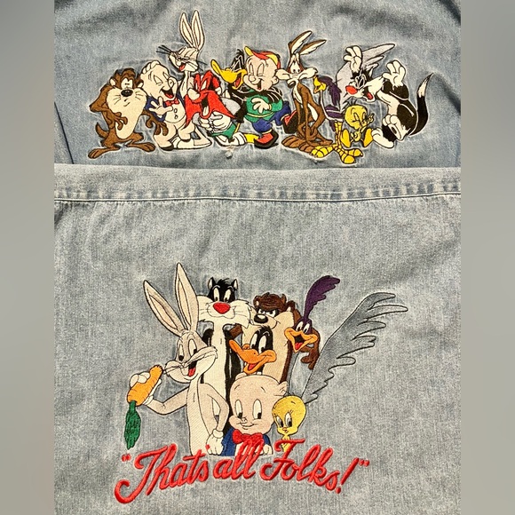 1990s Acme Looney Tunes Denim Shirts Size XL Embroidered Patch Double Sided - Picture 1 of 16